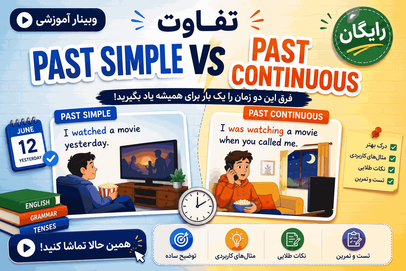 یک بنر برای نشان دادن وبینار آموزشی رایگان past simple vs past continuous